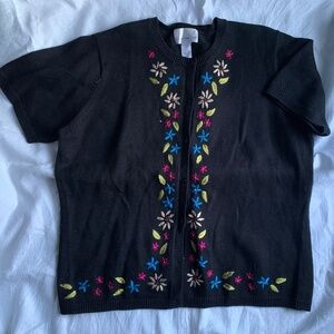 Black short sleeve floral cardigan, Susan Garver
